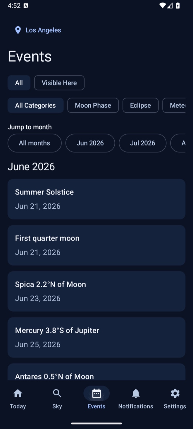 Live Sky for Android upcoming sky events