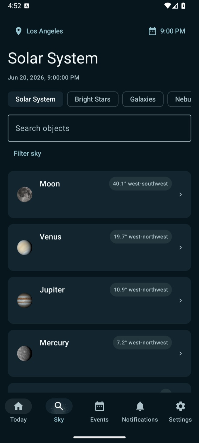 Live Sky for Android Solar System catalog with Moon and planet positions