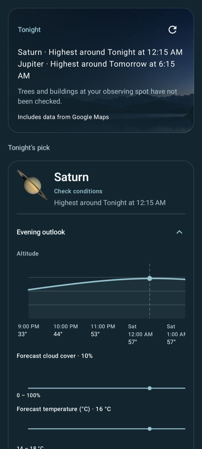 Live Sky for Android observing outlook with Saturn, cloud cover, and temperature