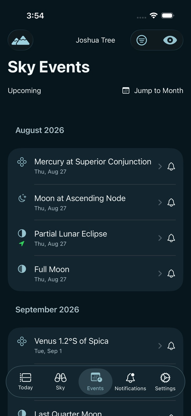 Live Sky for iOS upcoming celestial events