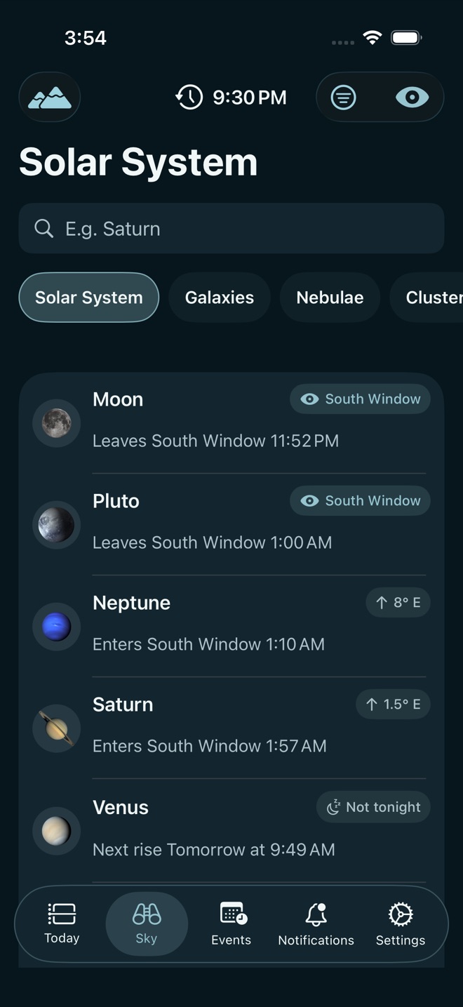 Live Sky for iOS Solar System screen with planets and visibility from a saved viewpoint