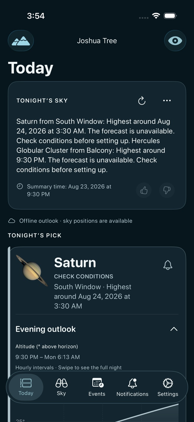 Live Sky for iOS Today screen with an observing guide and Saturn’s evening outlook