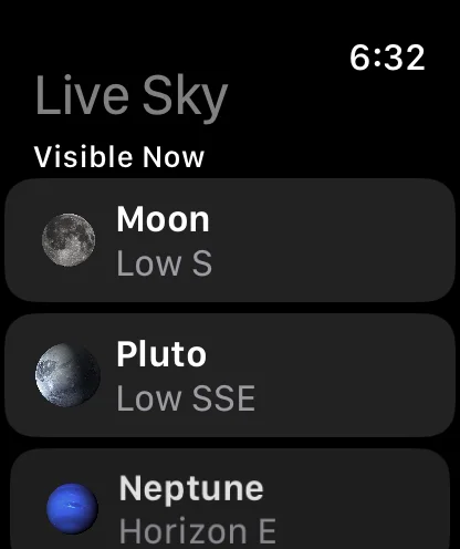 Live Sky on Apple Watch showing objects visible now